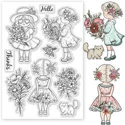 Lady and Flower Clear Stamps for Cards Making Daisy and Woman Silicone Clear Stamp Seals Transparent Stamps for DIY Scrapbooking