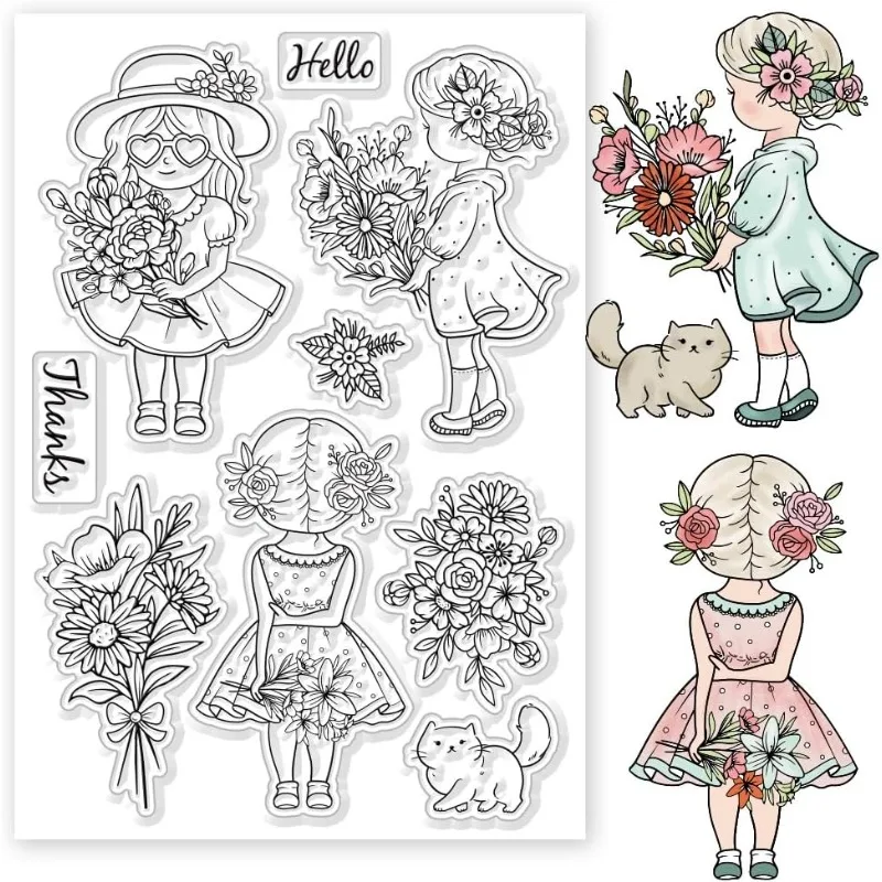 Lady and Flower Clear Stamps for Cards Making Daisy and Woman Silicone Clear Stamp Seals Transparent Stamps for DIY Scrapbooking