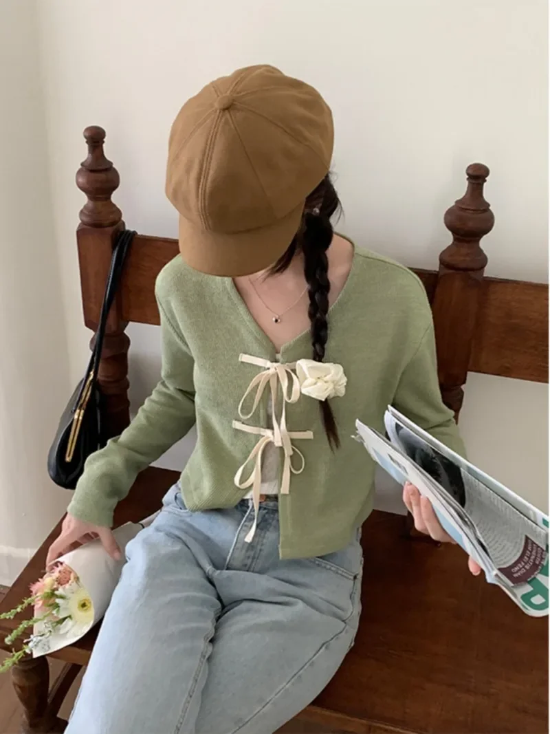 Komiyama V Neck Lace Up Bow Cardigans Femme Gentle Y2k Sweater Spring New Womens Clothing Full Sleeve Crop Knitwears Tops