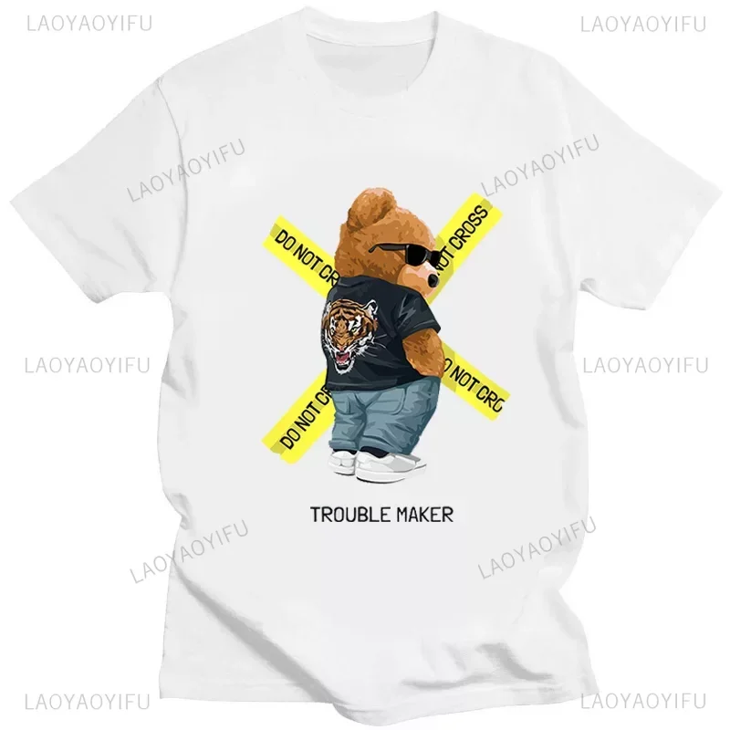 Trouble Maker Mr Teddy Bear with Dark Glasses Male Top Hip-hop Street Tshirt Summer Casual Creativity T Shirt Fashion Cotton Tee