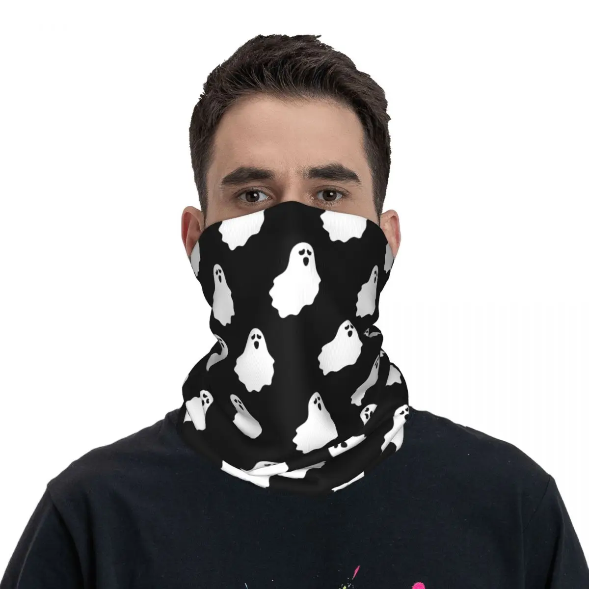 Cartoon Ghost Icons Halloween Bandana Neck Gaiter Printed Balaclavas Wrap Scarf Outdoor Cycling Fishing for Men  Adult Windproof