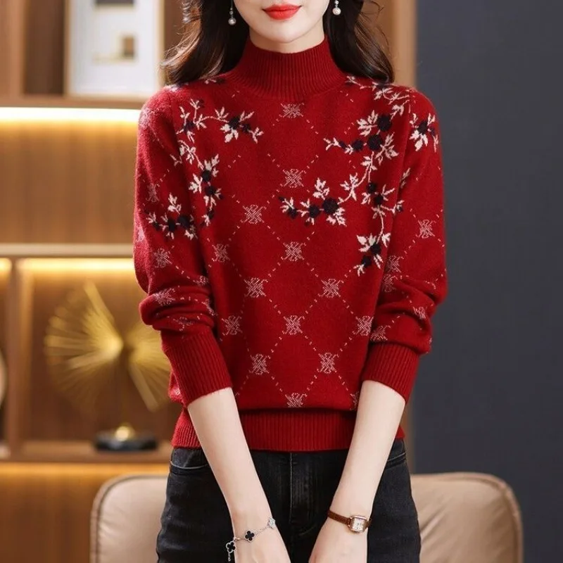 Women Sweater Pullovers Vintage Floral Print Jacquard Knit New Loose Thickened Chic Sweater for Women Short Tops Tide High Neck