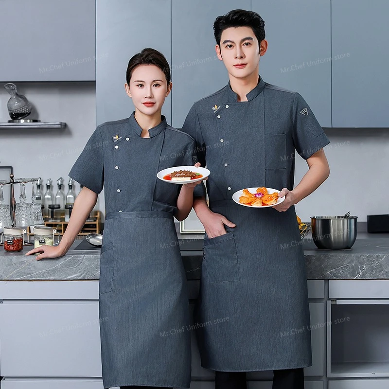 Giacca da cuoco estiva da uomo a maniche corte Uniforme da lavoro da cucina Ristorante traspirante Cappotto da cuoco grembiule bianco abiti da lavoro Pantaloncini da cuoco