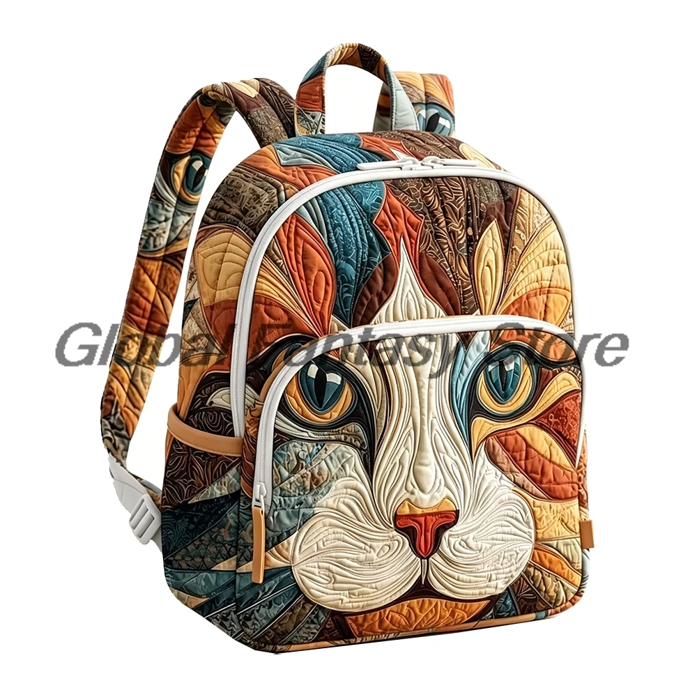 Art Deco Cat Face Quilted Backpack Cute Cats Retro Daypack Travel Bag Women Men Outdoor Packsack