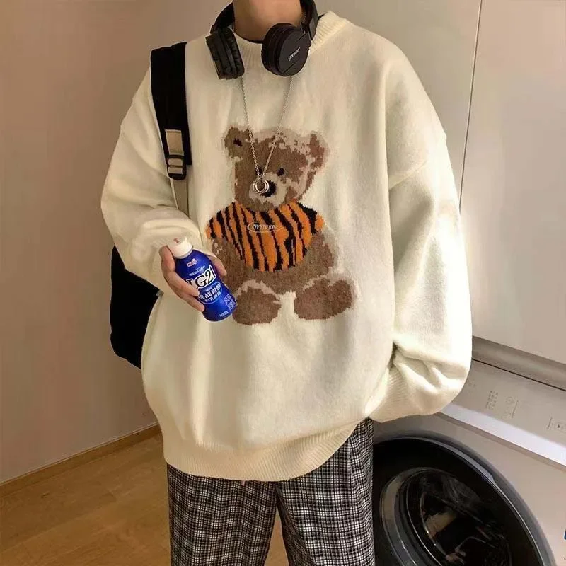 Fashion Cute Zebra Little Bear Embroidery Sweater Streetwear Loose Baggy Men Warm Winter Jumper Tops Casual Pullover Sweater