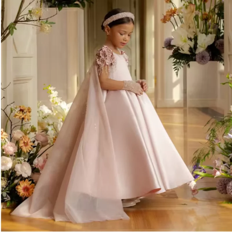 Luxury Dusty Pink Flower Girl Dress Beadeds Satin with Cap Handmade Flowers Princess Kids Wedding Party Gowns Birthday Dress