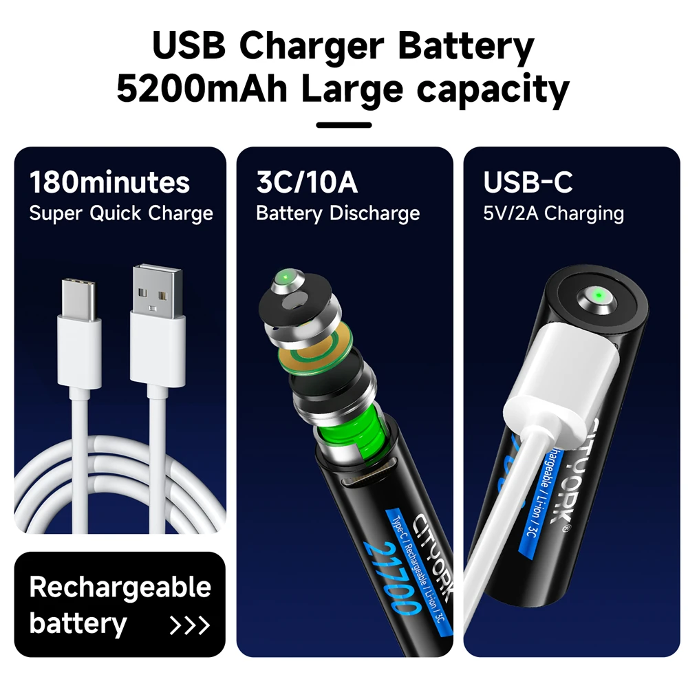 

CITYORK 3.7V 21700 USB Battery 5200mAh Rechargeable Battery With TYPE-C Port Fast Charging Cable for Flashlight Cameras