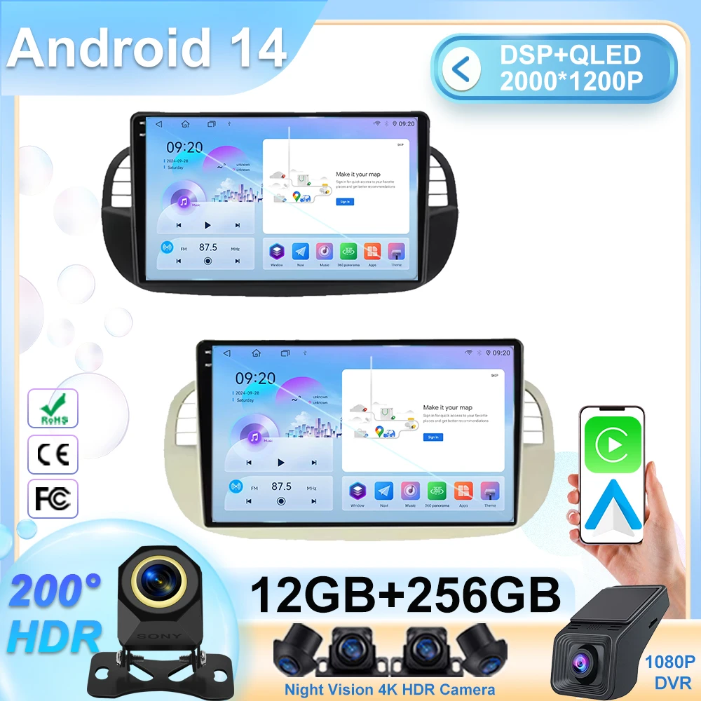 

Car DVD Android 14 Radio Stereo For Fiat 500 2007-2015 Auto Multimedia Player GPS Navigation Head Unit High-Performance CPU WIFI