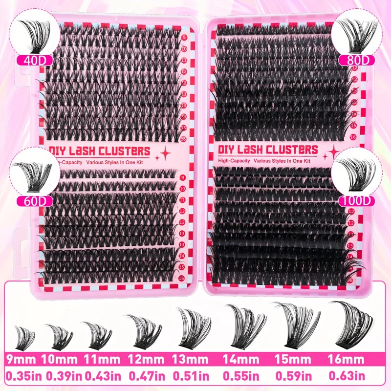 2416개 속눈썹 클러스터 선물 세트, 5가지 스타일 (40D, 60D, 80D, 100D 및 60D&80D 플러피 바텀 래쉬), 간편하게 적용 가능, 재사용 가능