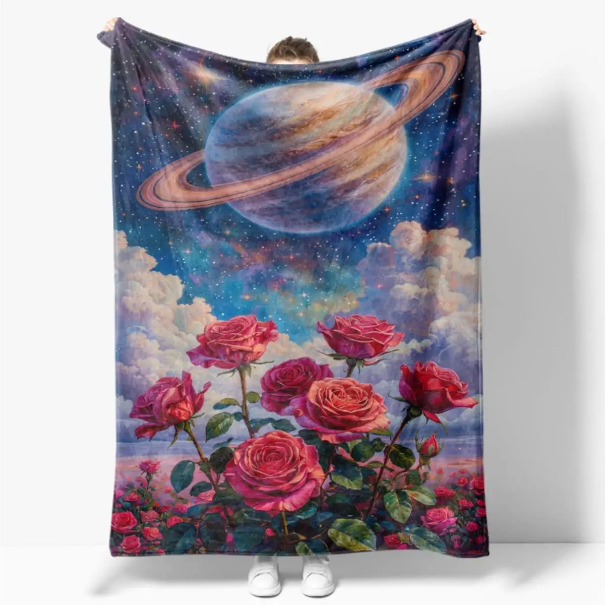 Retro Universe and Flowers Flannel printed blanket suitable for all seasons suitable for living room office sofa and travel