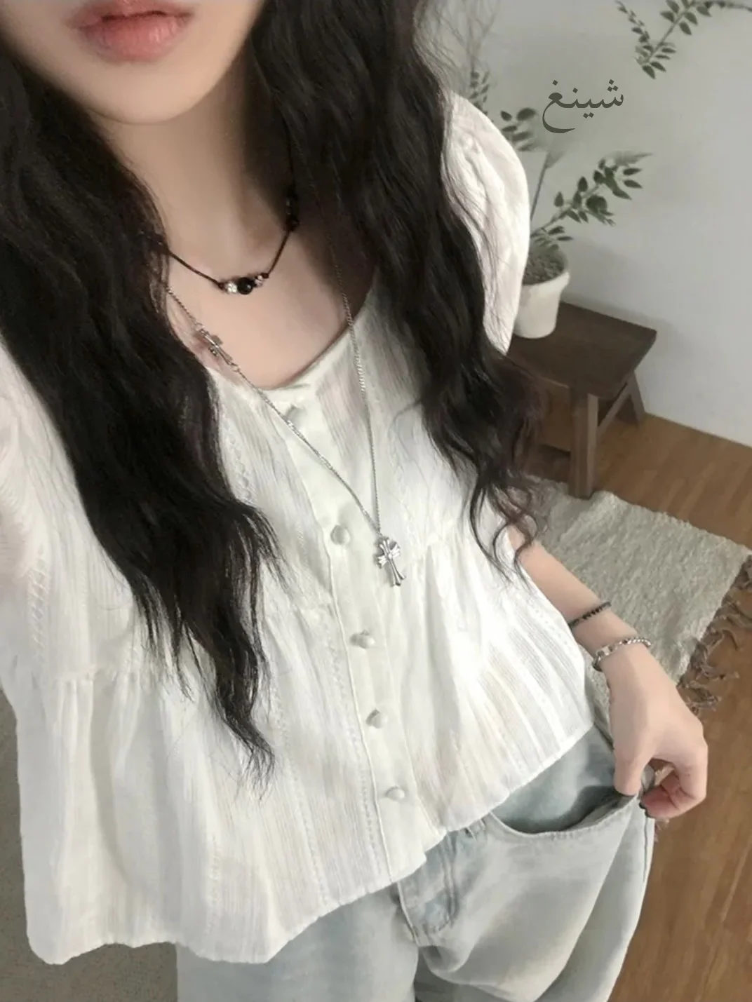 Unique SEI Korean Style Summer Gentle White Button Pleated Lace Bubble Sleeve Casual Versatile Short Sleeve Shirt for Women