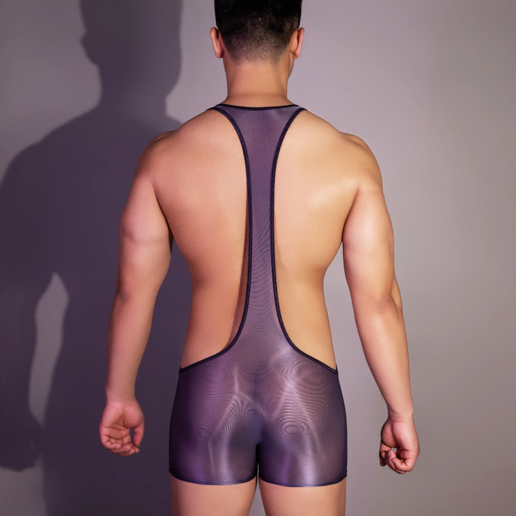 Men Sexy See Through Bibshorts Oil Shiny Elastic Playsuit Thin Backless Bodycon Male Soft Ice Silk Bodysuit Underwear