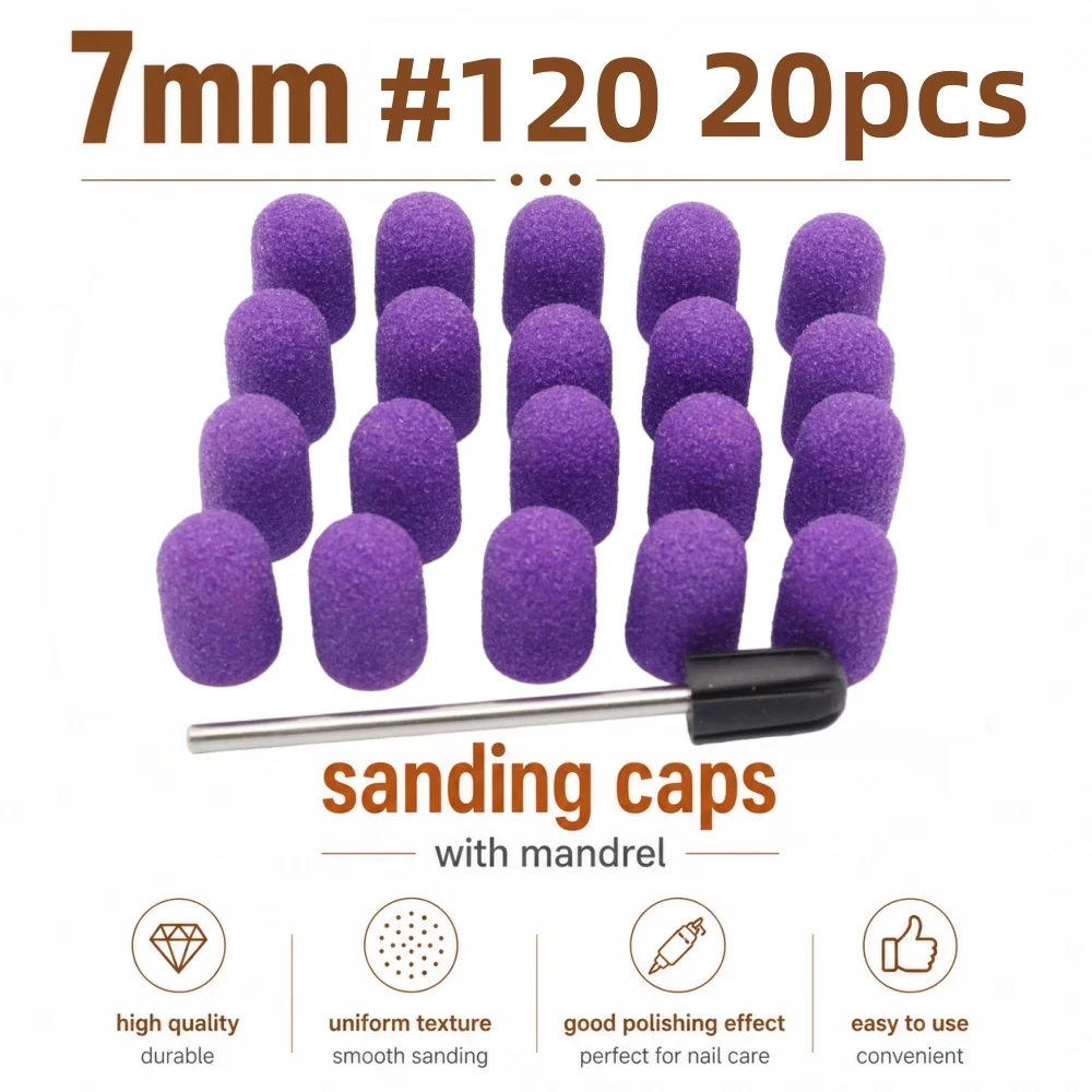 20Pcs 7mm Nail Sanding Caps with Mandrel – Professional Pedicure & Manicure Drill Bits, 80/120/180 Grit, High Quality, Durable, view 6