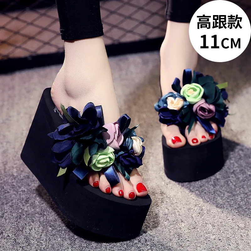 Flower Slippers Women Summer Rubber Flip Flops On A Wedge Slides High-Heeled Shoes Lady Shale Female Beach Fashion Platform Med