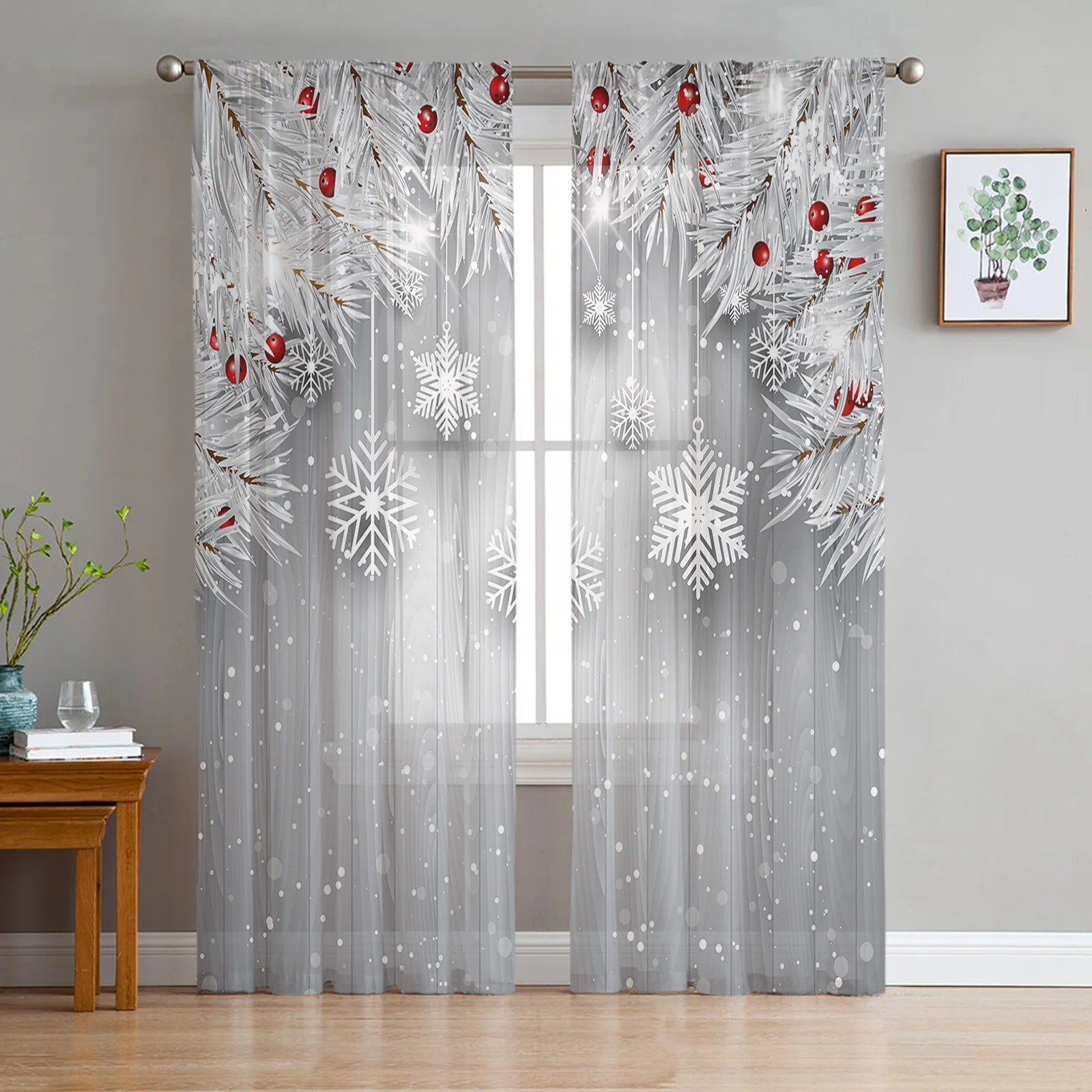 Christmas Christmas Tree Bells Village Snowing Tulle Sheer Window Curtains for Living Room Bedroom Decor Voile Curtains Drapes