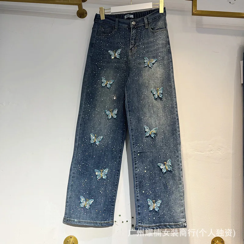 Three-dimensional Butterfly Hot Diamonds Fashionable Women Jeans New Autumn All-match Elastic Waist Wide Leg Casual Denim Pants