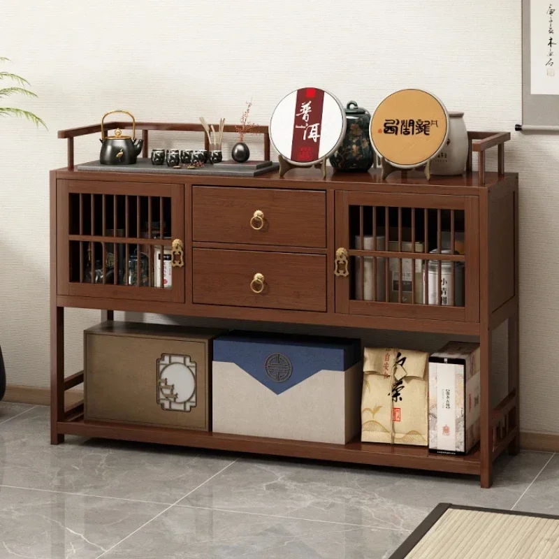 Multi-functional Bamboo Tea Cabinet,  Wood Storage Rack for Chinese Tea Set,Living Room Organization, Bamboo Storage Rack