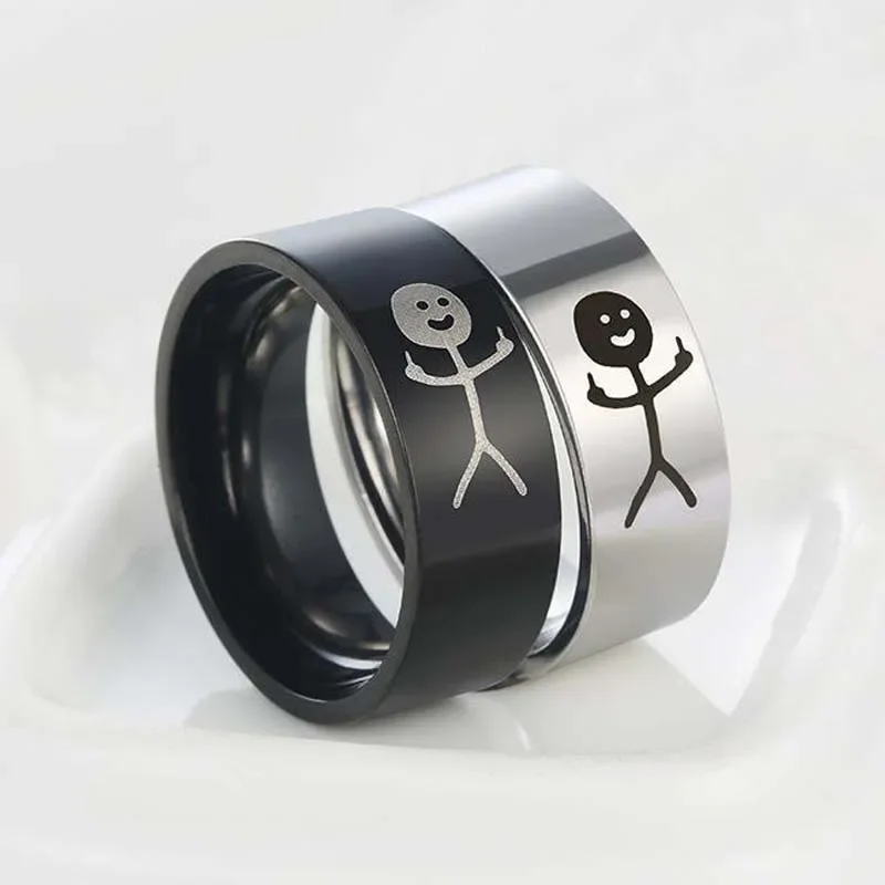 الفولاذ المقاوم للصدأ الاصبع الوسطى Stickman الدائري للرجال النساء زوجين الاتجاه البسيط مضحك الهيب هوب كول خربش خواتم مجوهرات هدايا 8 مللي متر #2