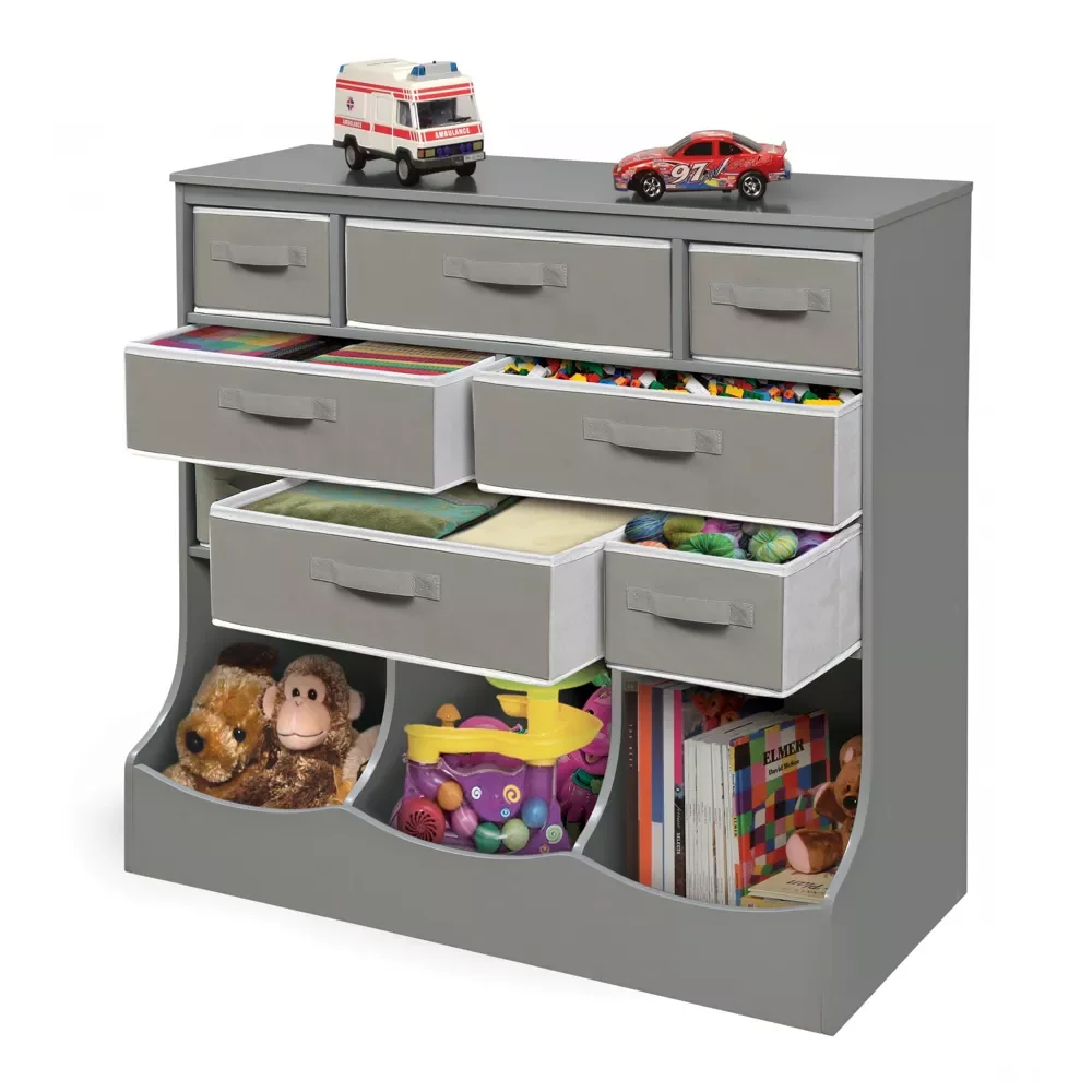 8 Cubby Toy Storage Station and Organizer Unit with Reversible Fabric Bins for Playroom Kids Room Toy Cabinet