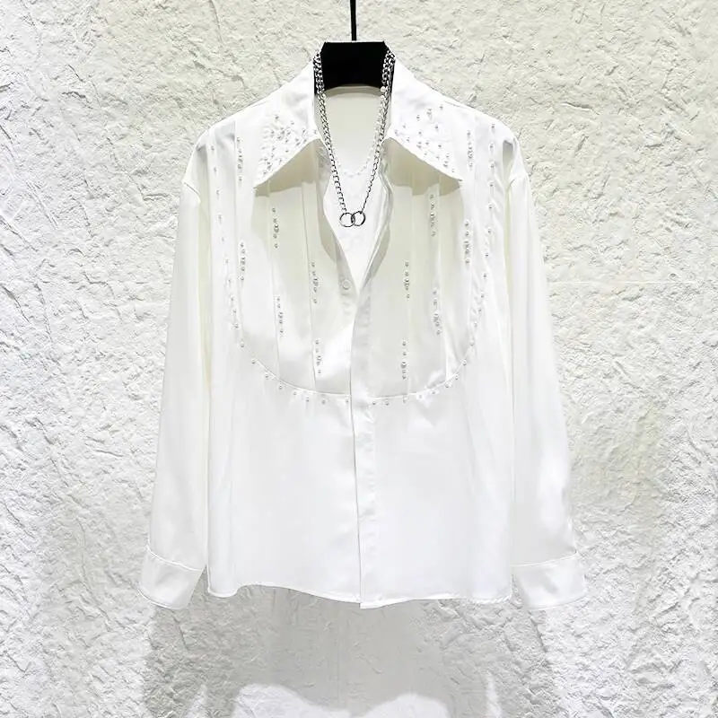 PFHQ جديد عصري الرجال القمصان شخصية مطوي مطرز تصميم كم طويل قميص موضة بدوره إلى أسفل طوق بلون القمم 21P1332