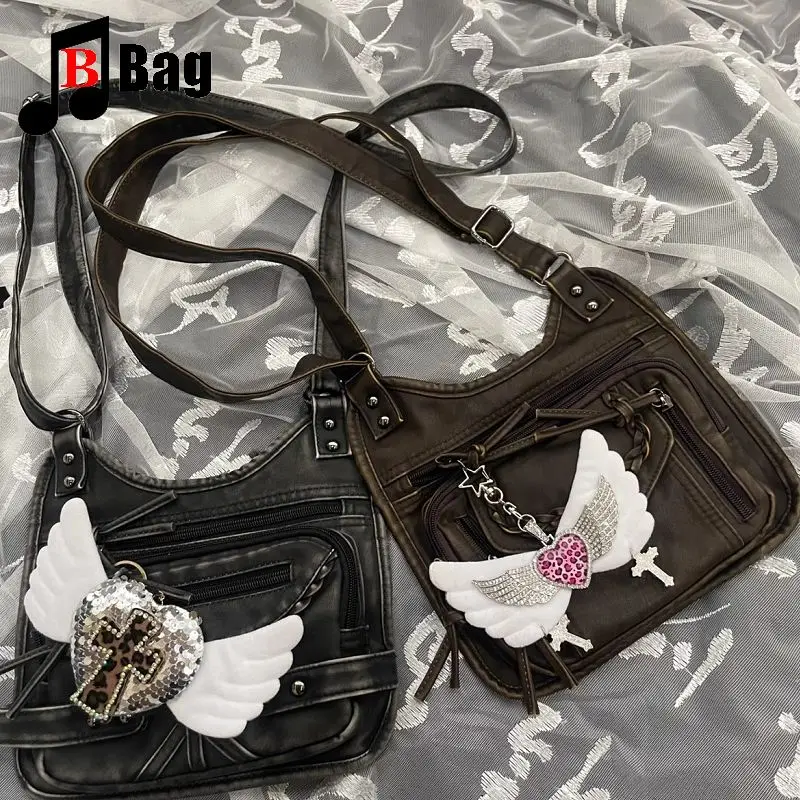 women's handbag Retro metal Locomotive wing leopard print Men unsex Y2K cool girl Harajuku Goth punk Versatile  crossbody bag