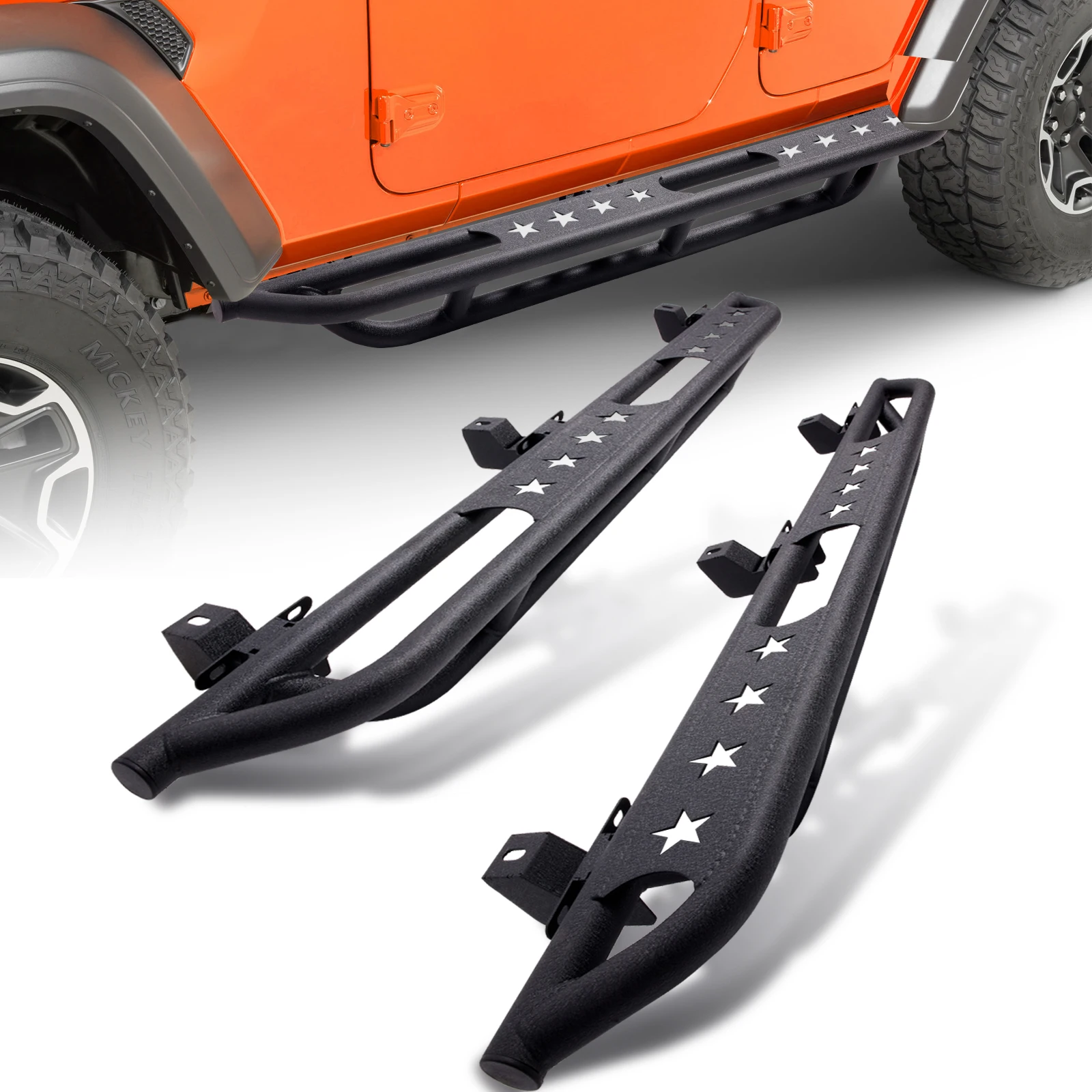 

Steel Running Boards For 2018-2025 Jeep Wrangler JL 4 Door Side Step Plate Rock Slider Rail Stars Designed