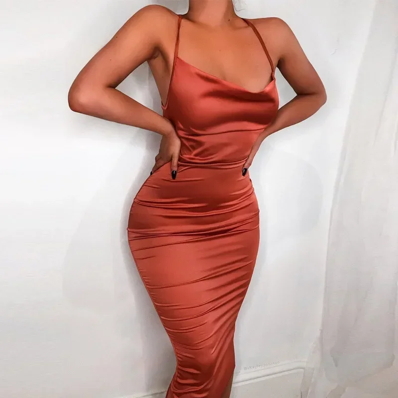 New Satin Lace Up Women Long Midi Dress Light Pink Bodycon Backless Elegant Party Sexy Club Female Clothes