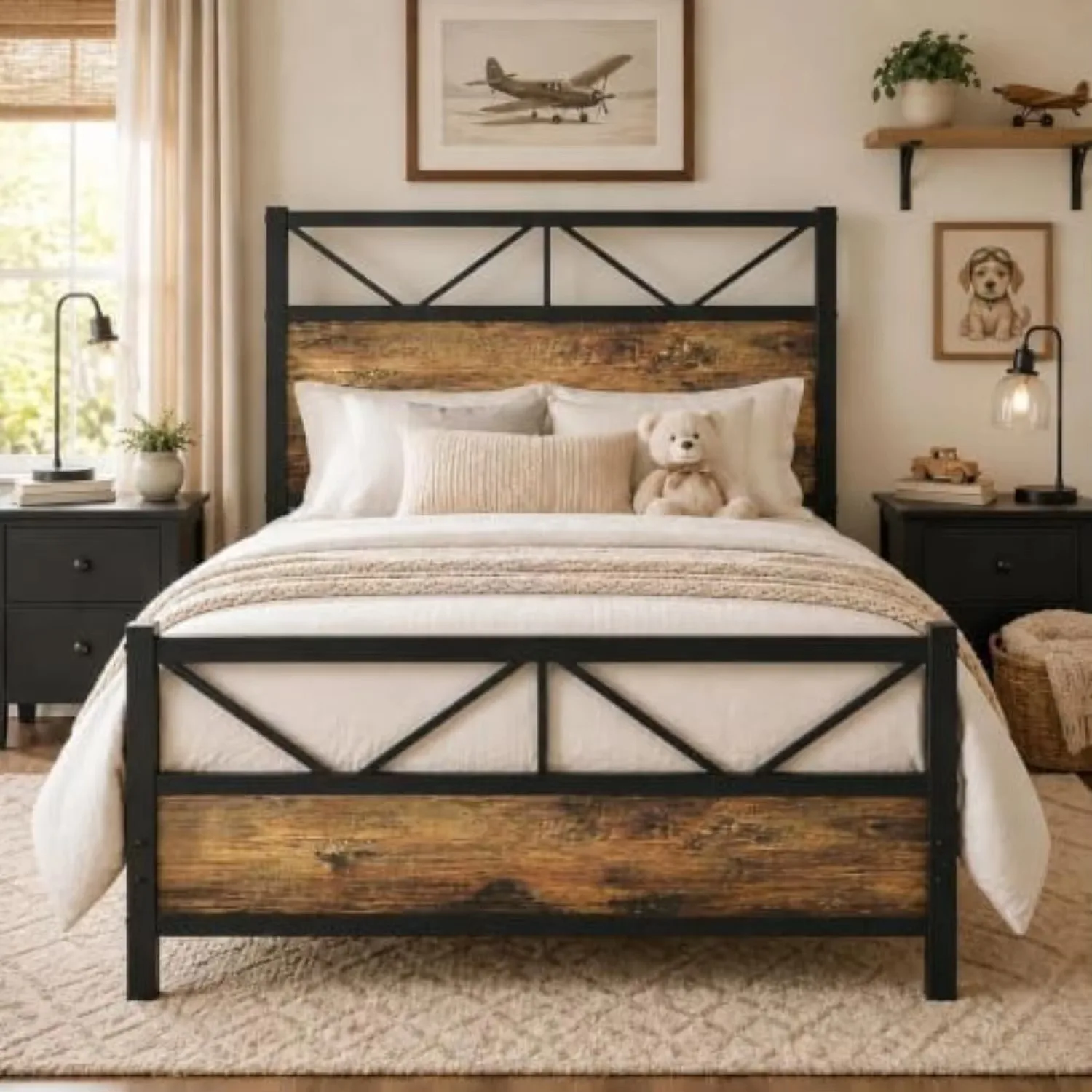 Twin Bed Frame, 51.2" Tall Industrial Headboard, Twin Size Bed Frame with Strong Metal No Box Spring Needed, Noise