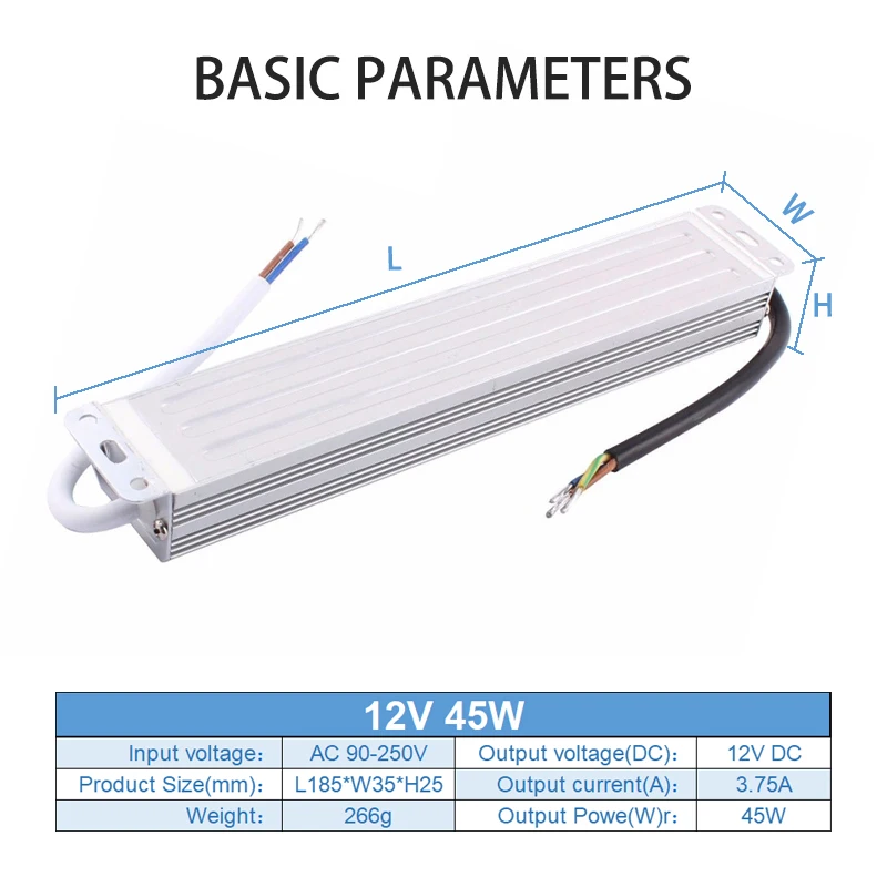 Trasformatore di illuminazione 90-250V AC a DC 12V 45W 3.75A LED Driver adattatore alluminio esterno IP67 impermeabile alimentazione elettrica di