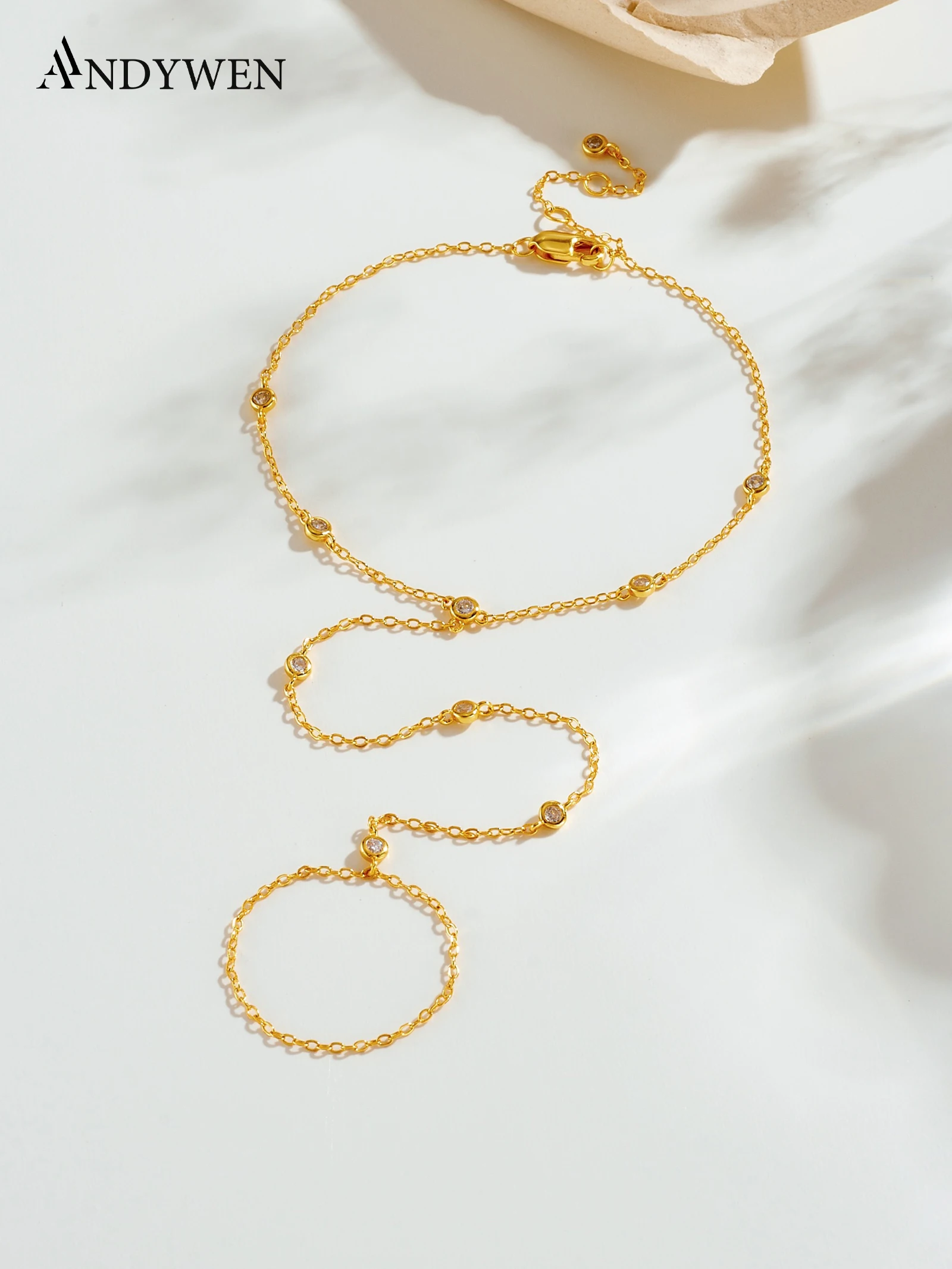 

Кольцо-цепочка ANDYWEN из серебра 925 пробы с золотым покрытием, браслет на палец с цирконами, уникальная подарочная коробка для женщин, для вечеринок
