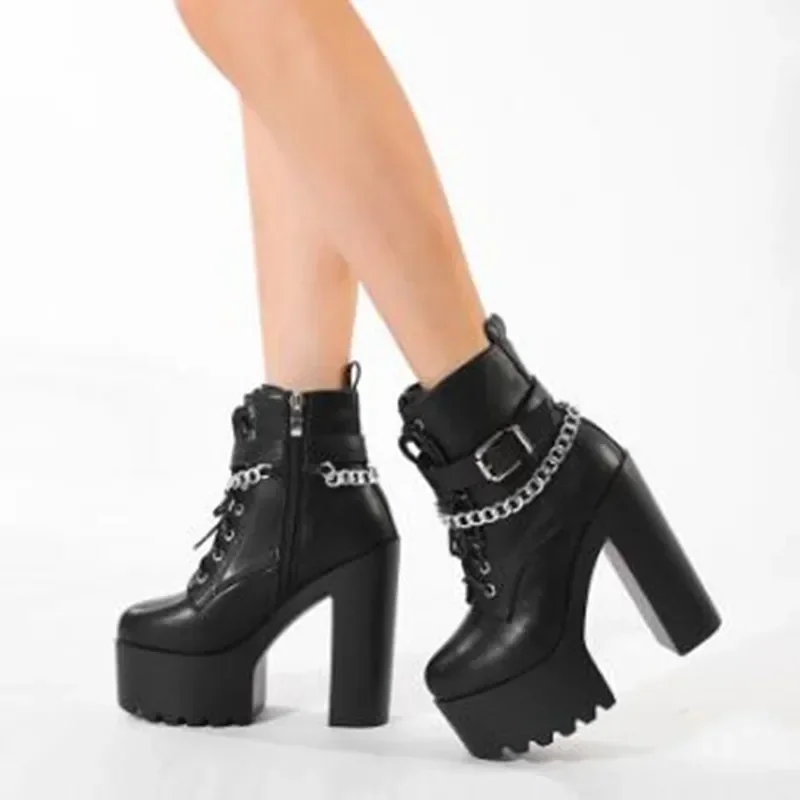 

НОВЫЕ готические ботильоны с пряжкой и ремешком, женские кожаные мотоциклетные ботинки на платформе и массивном каблуке с цепочкой на очень высоком каблуке Botas Mujer