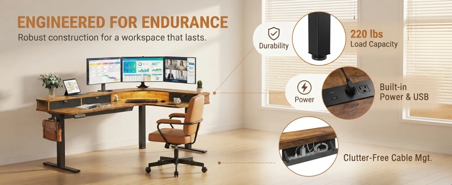 65" L‑Shaped Electric Standing Desk with 3 Drawers, Sit‑to‑Stand Height Adjustable Workstation 4 Memory Presets, Built‑in Power Strip USB‑A&Type‑C, Monitor Riser with LED Light, Cable Management Tray, Dual Motor 220 lbs Corner Desk