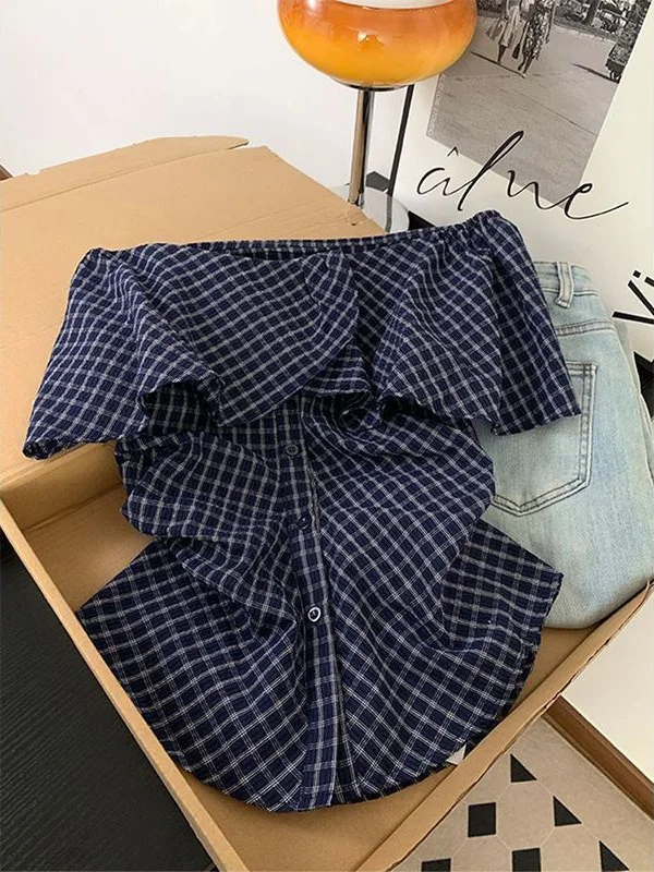 

Летний топ в клетку на одно плечо, темно-синий, в корейском стиле, женская рубашка из дышащего полиэстера с коротким рукавом