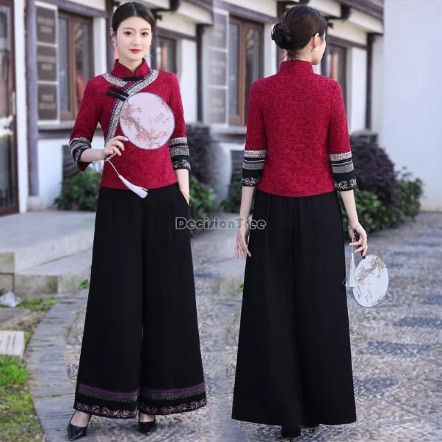 

2025 new chinese national style women tang suit set half sleeve stand collar cheongsan blouse long loose pants 2 piece retro set