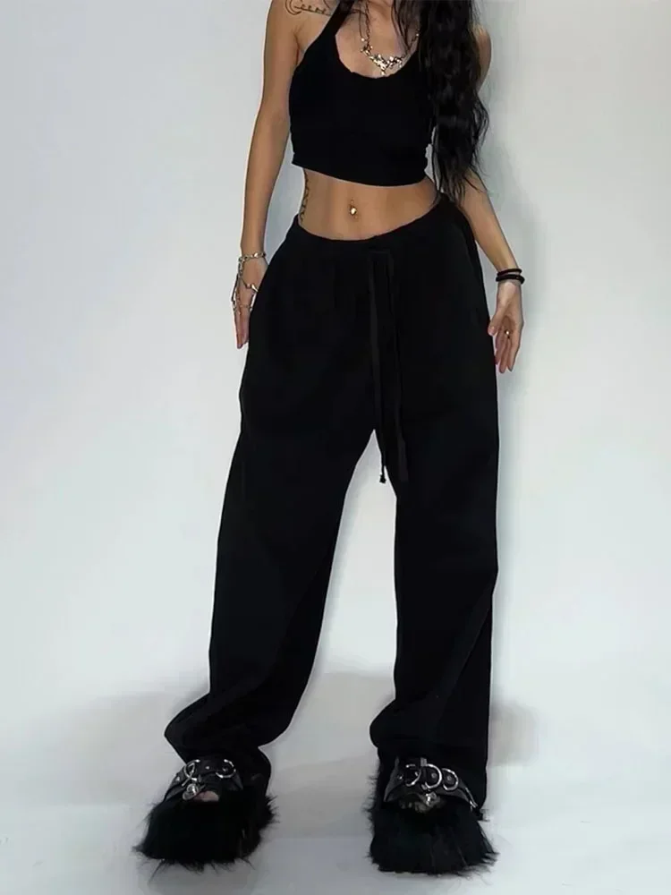 Deeptown Casual Gray Sweatpants Women Wide Leg Black Joggers Classic Baggy Streetwear Oversized Sports Female Trousers All-match