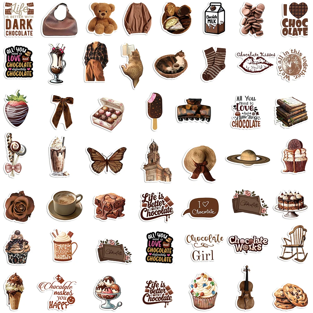 10/30/50pcs Cute INS Style Cartoon Chocolate Stickers Retro Aesthetic Decals Decoration Water Bottle Phone Luggage Sticker Pack