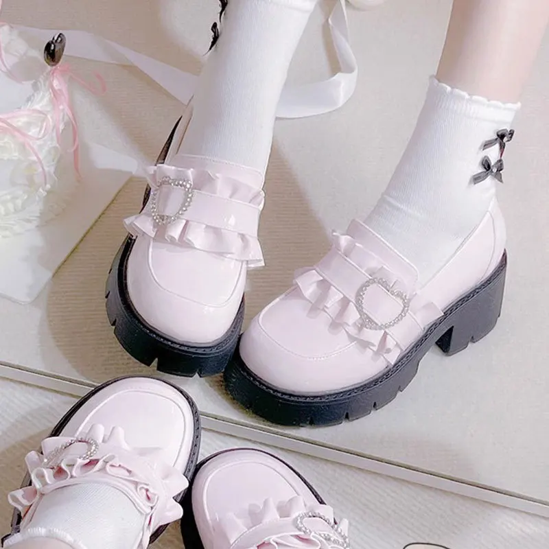 Jirai Kei Lolita Loafer Schuhe Strass Herz Japanisch Basic Schwarz Leder Lolita Niedlich Mine Stil Kawaii Y2k Süßer Karneval