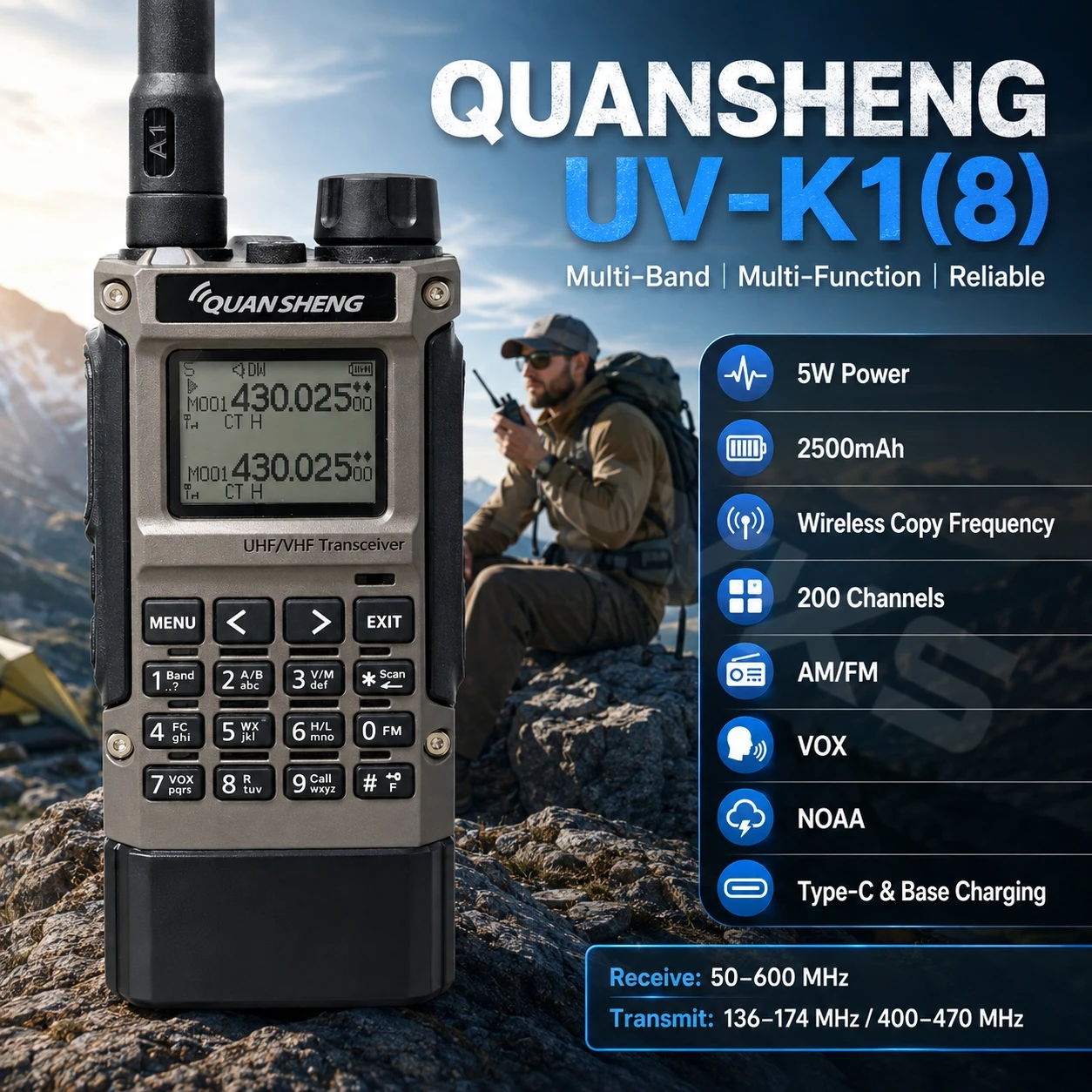 Quansheng UV K1 8 Walkie Talkie UV-K1(8) 2MB Flash NOAA FM AM Type-C Long Range Ham Communication Mini Radio For Hunting Camping