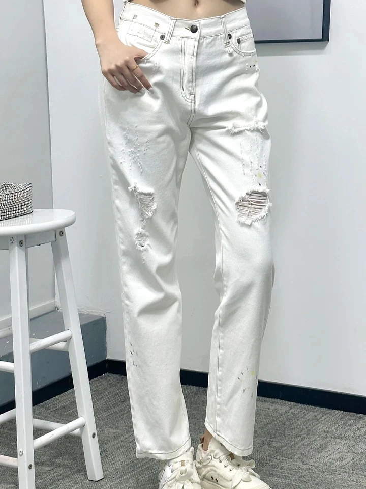 2024SS Spring Summer New Women High Quality Hole White Chic Casual Pants Jeans for Ladies