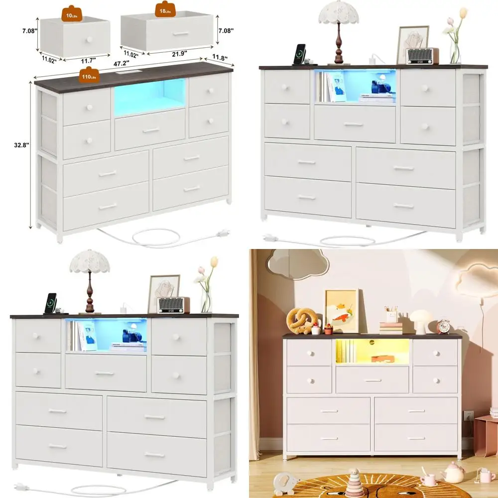 

Тумба-комод с LED-подсветкой и 9 ящиками, тканевые ящики с отделкой из ПУ, широкий органайзер для хранения в белом и цвете орех.