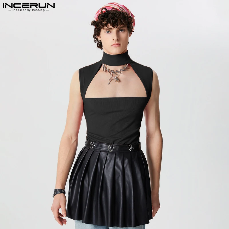 

INCERUN топы 2024, мужские сексуальные полые вязаные жилеты в американском стиле, мужская уличная одежда, эластичные топы без рукавов с высоким воротником, S-5XL