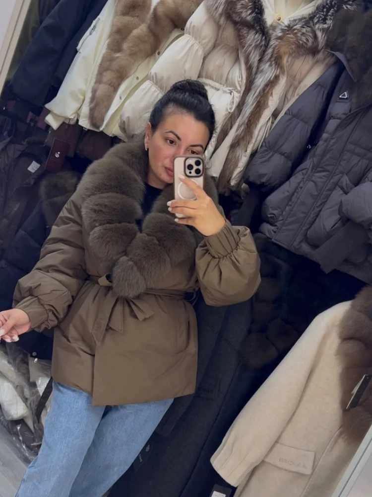 Women's Warm Down Coat Thick Real Fur Coat Genuine Fox Fur Collar Trim Warm Fashion Down Jacket Outdoor Windproof Urban Style