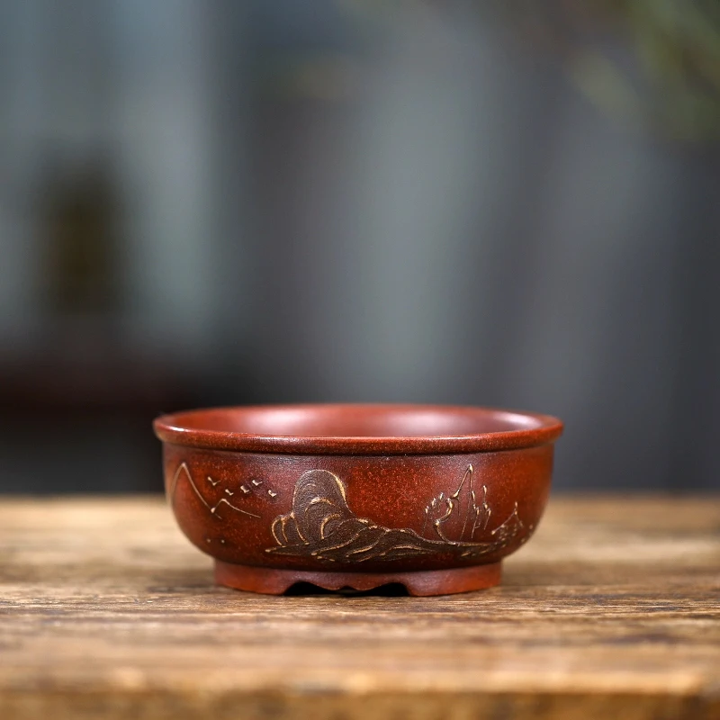 

Purple Sand Bonsai Pot, Chinese Carved Garden Decoration