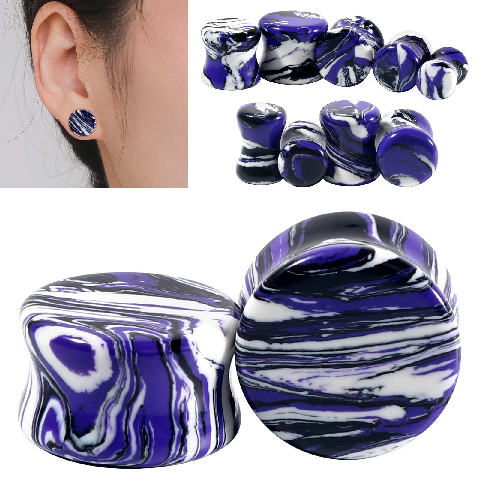 2 Stück glänzende, strukturierte Stein-Ohrkanalstopfen, sattelförmige Dilatator-Ohrstöpsel, Körperpiercing-Schmuck, 6–20 mm – Detail 4