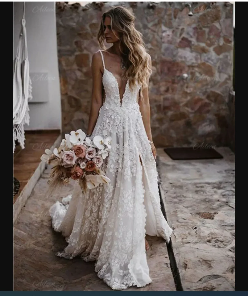 

Сексуальные богемные пляжные кружевные свадебные платья Спагетти с открытой спиной и разрезом по бокам, летние длинные свадебные платья без рукавов, деревенское платье невесты