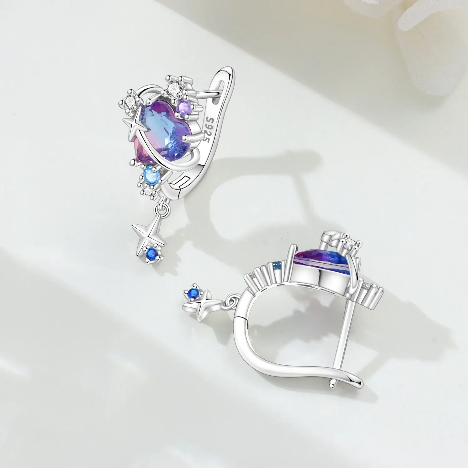 S925 Sterling Silver Heart Hoop Earrings, Angel Wing Paw Print Rainbow Cat Bear Colorful  Earrings Jewelry Gifts for Women Girls