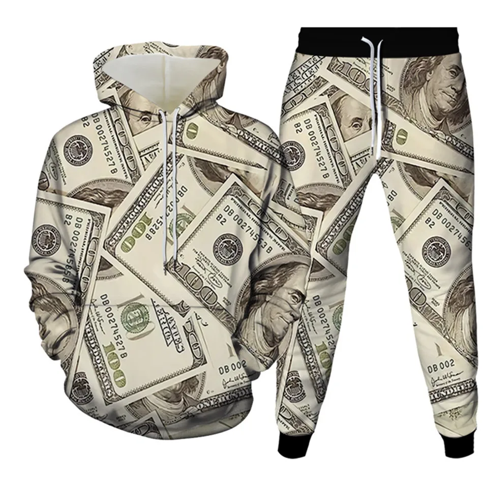 US 100 Dollar 1$ Currency Money Printed Clothes For Men Outdoor Fashion Tracksuit Sweatpants Hoodies 2 Pieces Costume Homme Sets