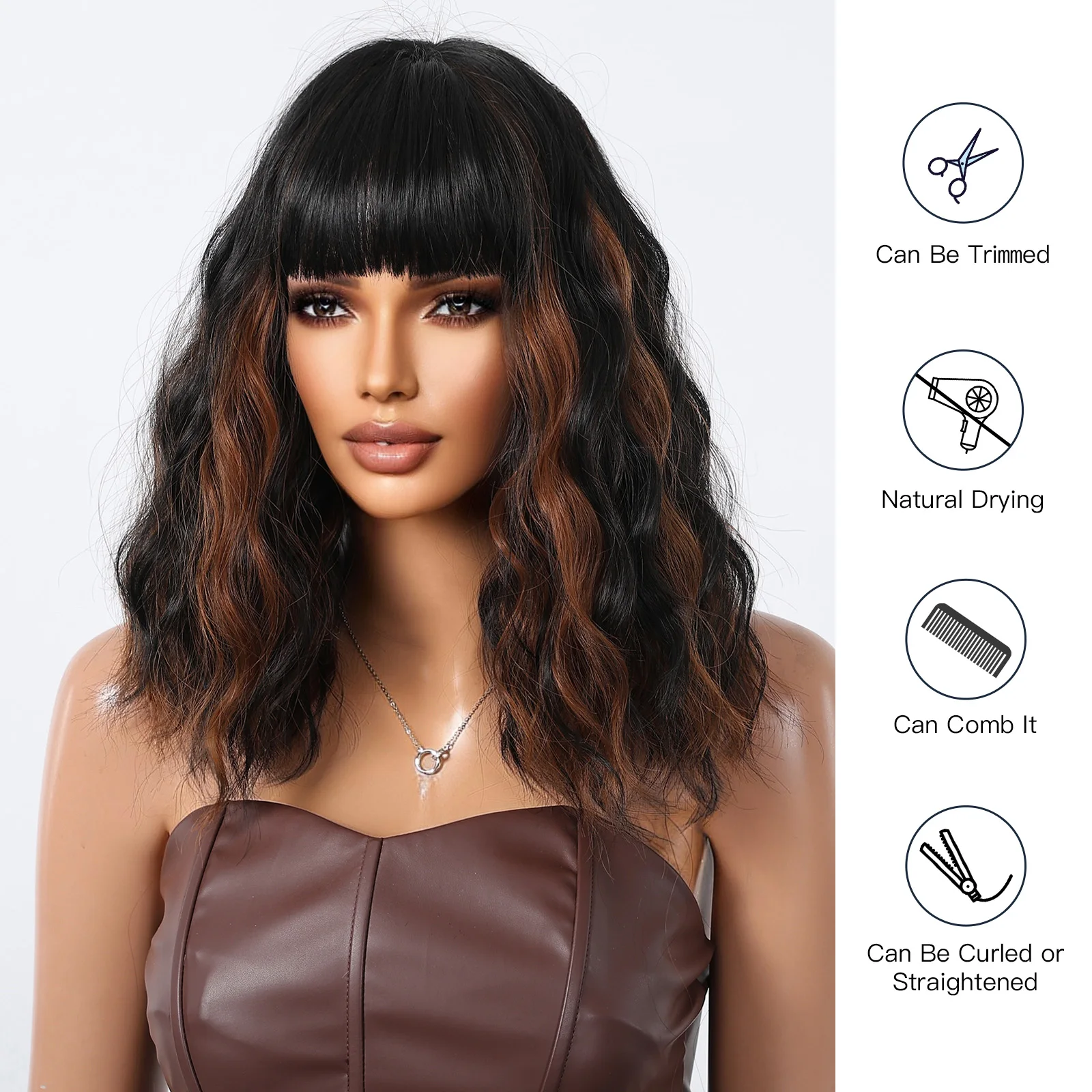 Synthetic Brown Highlight Black Shoulder Long Curly Wig with Bangs for Women Short Wavy Cosplay Daily Hair Wig Heat Resistant