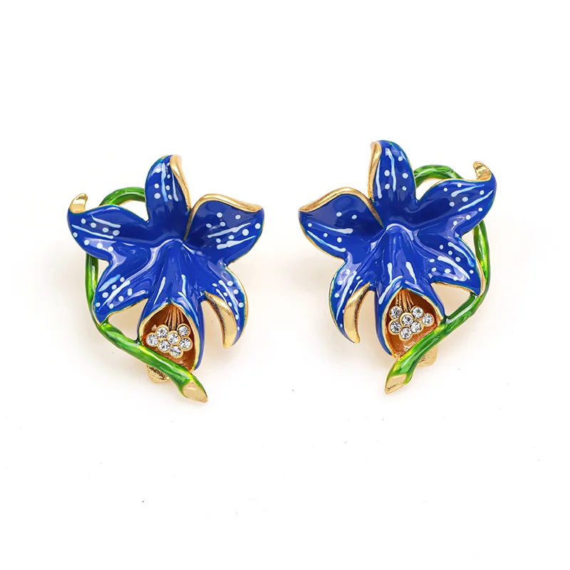 

Trendy Retro Plant Blue Lily Flower Hand-painted Enamel Clear Rhinestone Earrings Niche Simple Luxury Antique Jewelry for Women