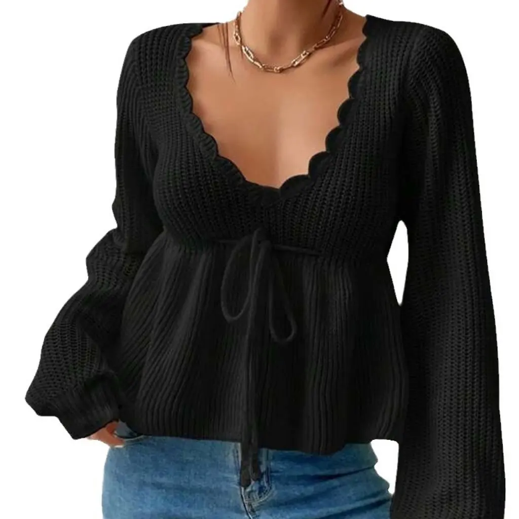 

Женская юбка с v-образным вырезом и шнуровкой, рюшами, вязаный пуловер, свитер, свободный крой, мода в европейском и американском стиле